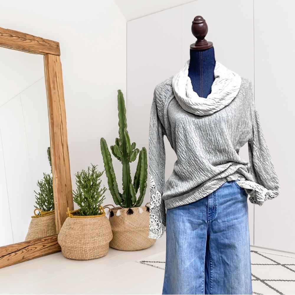 Bordeaux Anthropologie Cowl Neck Crochet Trim Sweater